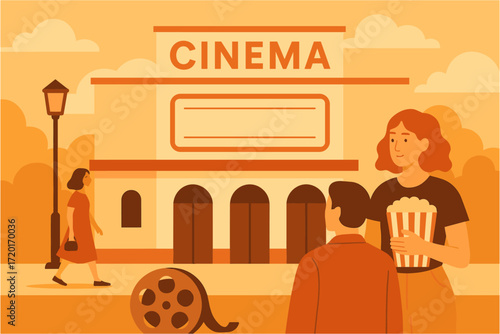 Retro cinema scene with people and popcorn in minimalist warm tones