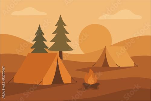 Sunset camping scene with tents, campfire, and pine trees in flat design