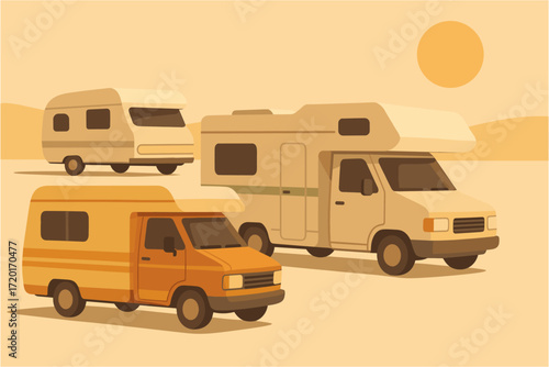 Retro camper vans in desert landscape under sun with flat design