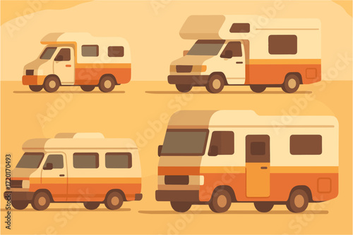 Retro camper vans in flat design with warm tones