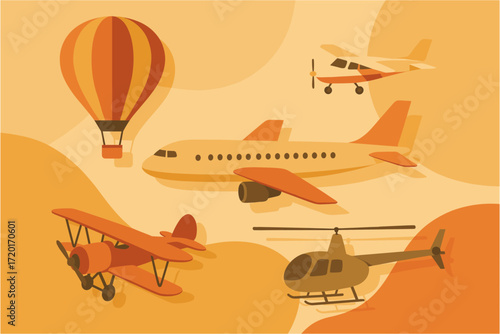 Vintage aviation collection: retro airplane, balloon, helicopter, biplane, monoplane on warm toned background