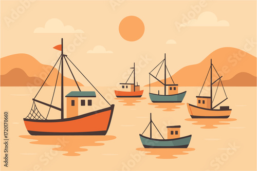Charming flat style fishing boats at sunset in serene coastal landscape