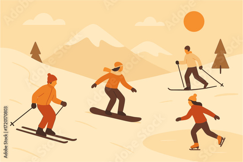 Winter adventure scene with skiers and snowboarder in minimalist style on a mountain landscape