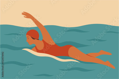 Vintage style swimmer in red bathing suit on blue waves