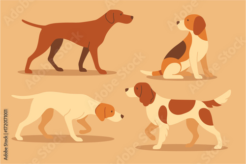 Flat design dogs collection featuring beagle and spaniel breeds on neutral background
