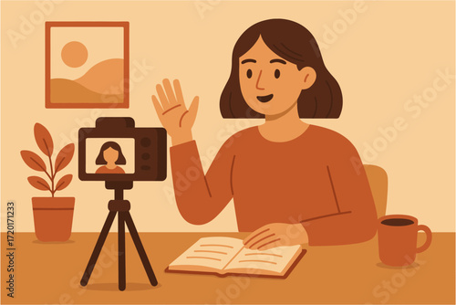 Young woman vlogging at home in cozy minimalist workspace with camera and plants