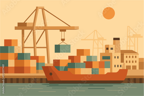Flat design cargo ship and port with cranes and containers at sunset
