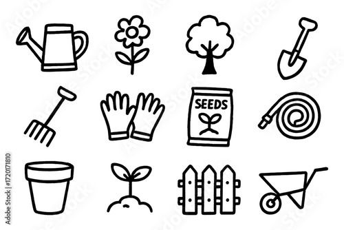 Hand drawn garden tools and plants icons set for landscaping and horticulture