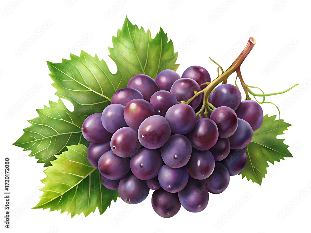 Fototapeta premium Digital Painting of Ripe Concord Grapes on a Branch with Green Leaves