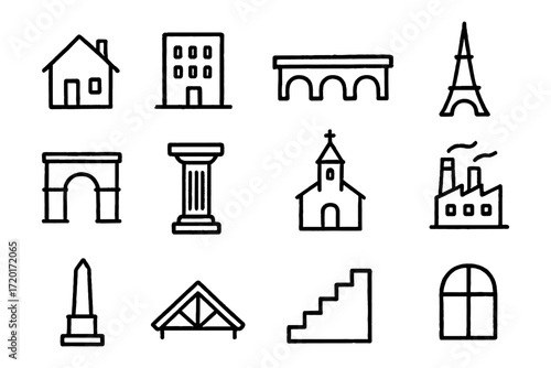Minimalist building icons collection: landmarks and architecture outline set