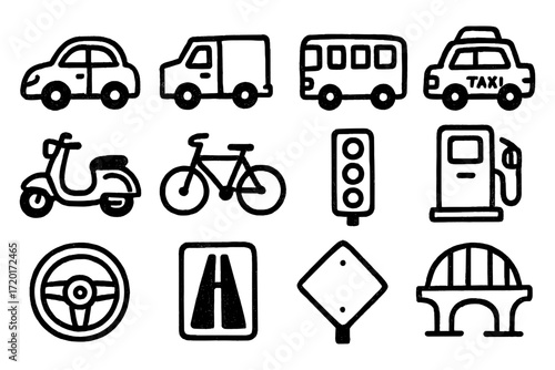 Hand drawn transportation icons featuring vehicles and road symbols for urban design