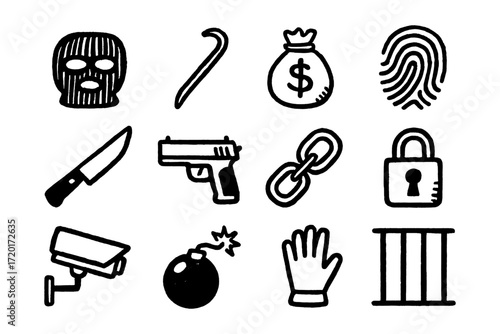 Crime and security icons: hand drawn collection of weapons, tools, and safeguards