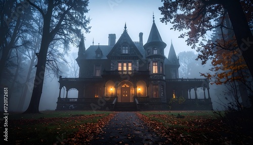 Haunted mansion in foggy woods