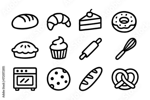 Simple line art of bakery items featuring bread, pastries, and utensils
