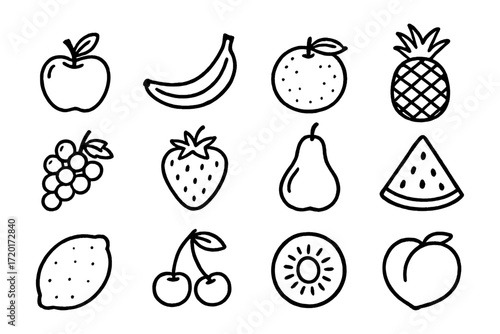Simple black and white fruit outlines collection for creative designs