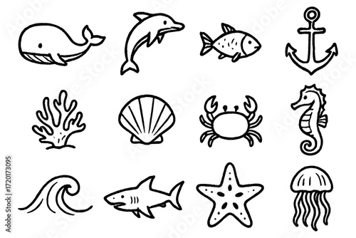 Hand drawn sea life icons featuring marine animals and nautical elements