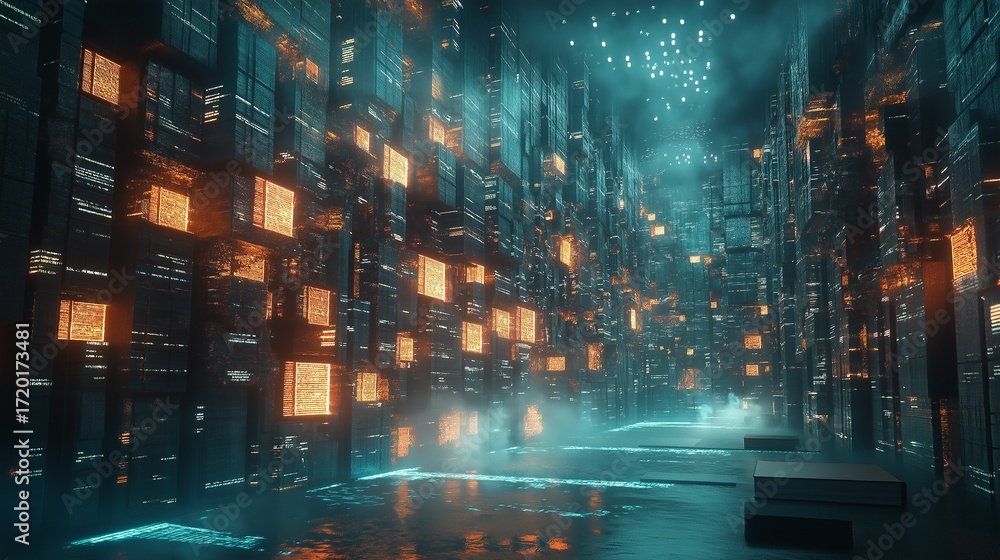 Fototapeta premium Abstract glowing data blocks in futuristic digital corridor.