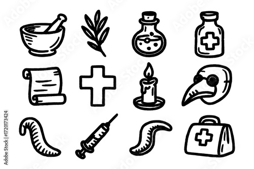 Hand drawn medieval apothecary tools and plague symbols collection