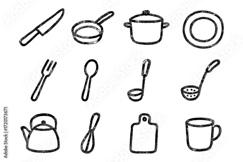 Hand drawn kitchen utensils set: rustic cookware and cutlery collection