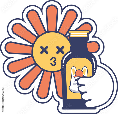 Cartoon Flower with X Eyes, Number 3, and Hand Holding Rabbit Beer Bottle