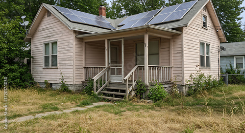 Dilapidated pink wooden house with solar panels on the roof and overgrown yard