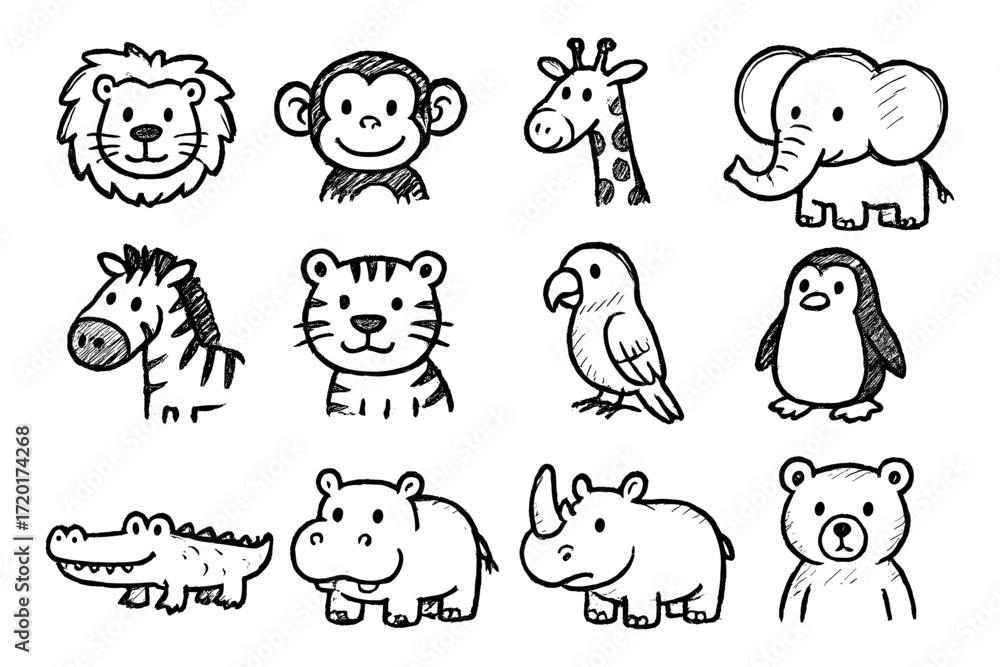 Obraz premium Adorable animal doodles featuring safari and forest creatures in sketched style