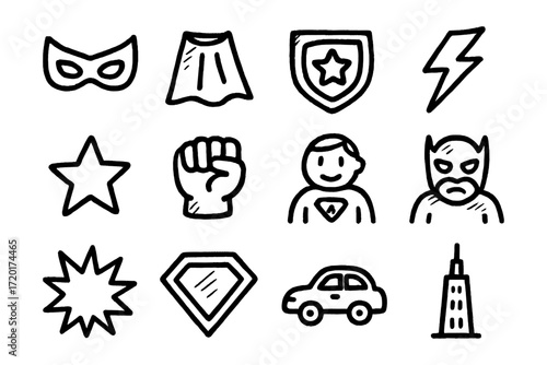 Comic style hero icons: mask, cape, shield, lightning, star, fist, character, emblem, car, building