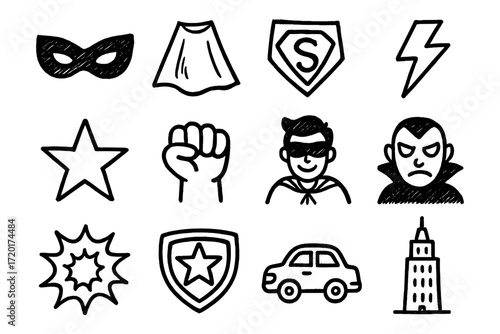 Fun doodle icons of superheroes and villains in black and white