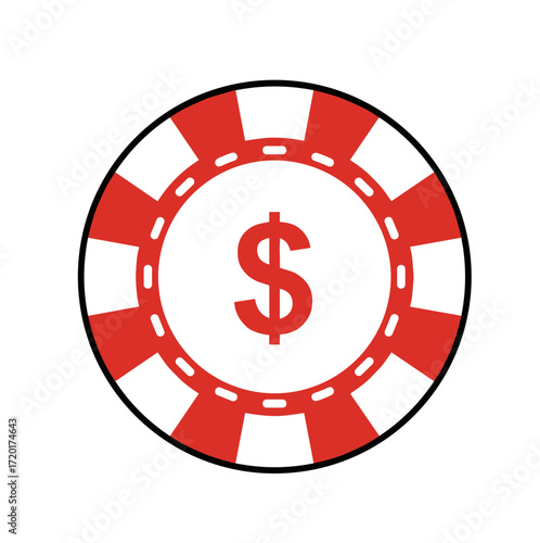 Red gambling chip with dollar sign, vector illustration on transparent background  