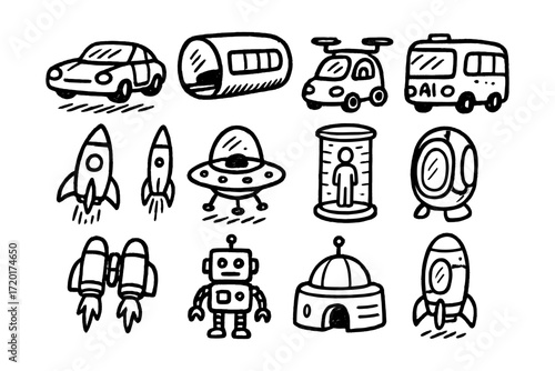 Playful doodle style transport and space icons: cars, rockets, robots, ufos