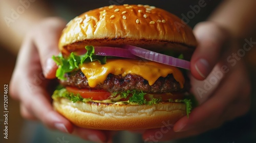 A close up view of a delicious cheeseburger held in two hands ready to be eaten and enjoyed today