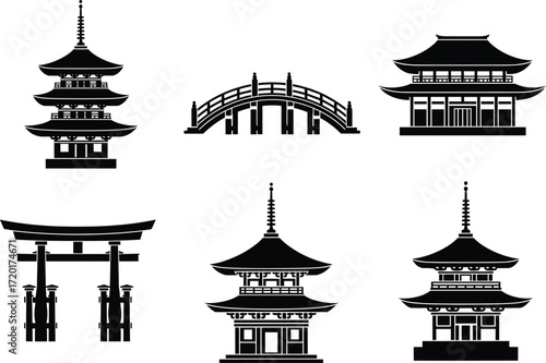 Japanese architecture silhouette vector, pagoda, torii gate, temple, bridge, cultural heritage, traditional building, Asian landmark, black icon illustration set