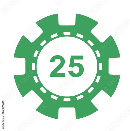 Green casino chip with number 25, vector illustration on transparent background  