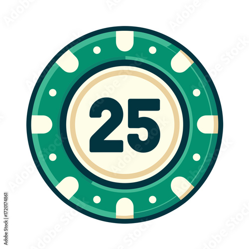 Green casino chip marked 25 in flat design, vector illustration on transparent background  