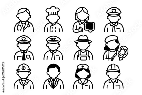 Diverse professions icons set with minimalist design for career representation