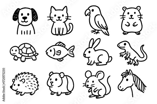 Adorable hand drawn cartoon animals: dogs, cats, birds, rodents, and more