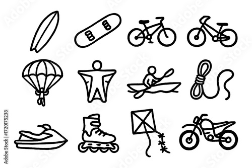 Outdoor adventure sports icons: surf, skate, bike, parachute, kayak, rope, jet ski, rollerblade, kite, dirt bike