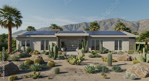 Modern desert home with solar panels and lush cactus landscaping in front of mountains