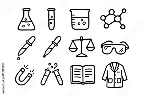 Doodle science icons: chemistry tools and symbols for educational design