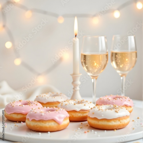 Celebration Donuts with Sparkling Wine and Candles in Soft Bokeh Lighting