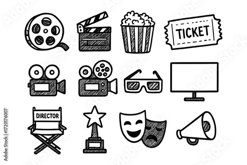 Hand drawn cinema icons: film, popcorn, director's chair, and more