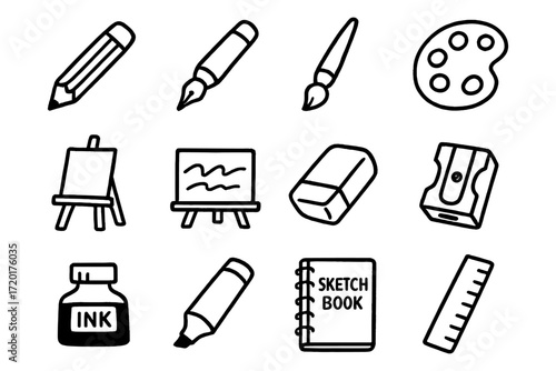 Hand drawn art tools set featuring pencils, brushes, and sketchpads for creative projects