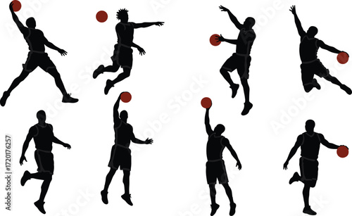 Basketball player silhouettes, dynamic action poses, red ball highlight, sports motion art, athletic design set