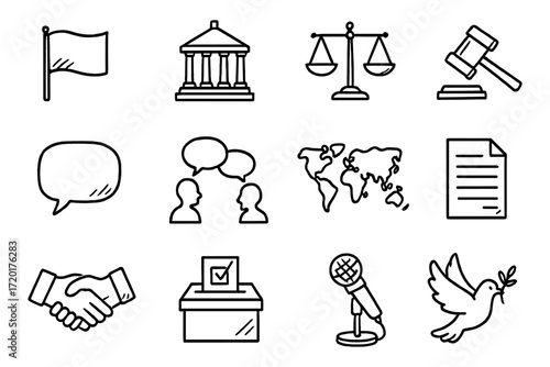 Linear law and justice icons set featuring scales and gavel