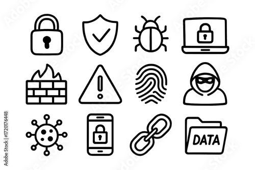 Cyber security outline icons featuring lock, shield, virus, and more