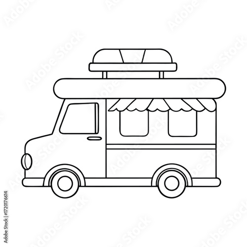 A fun fast food vehicle coloring page featuring a vibrant food truck ready to serve tasty treats, perfect for kids to color and bring it to life!
