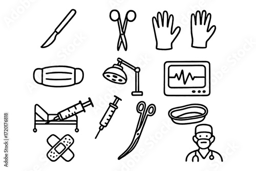 Essential medical icons: surgery tools and equipment in simple black line art