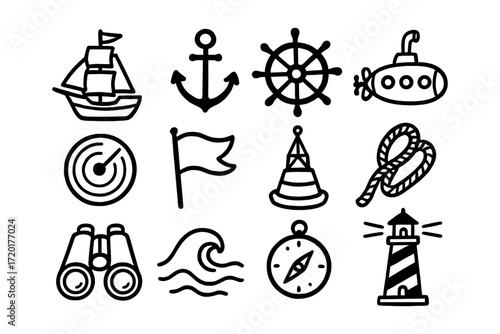 Nautical icons collection featuring ships, anchors, and marine tools in bold outline style