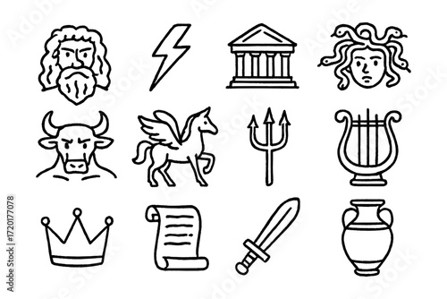 Ancient greek icons in hand drawn style featuring mythological symbols