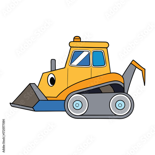 A powerful bulldozer with a frontal loader, designed for pushing, lifting, and moving heavy materials on construction sites, perfect for coloring and learning machines.
